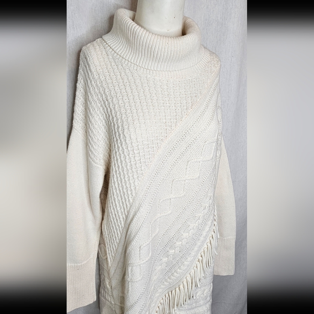 Chico's Cream Textured Oversized Fringe Knit Turtleneck Sweater Size M Or 1